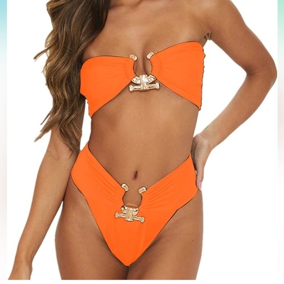 Orange Two Piece Bikini Set with Metal Ring High Waist - Size M - Picture 3 of 6